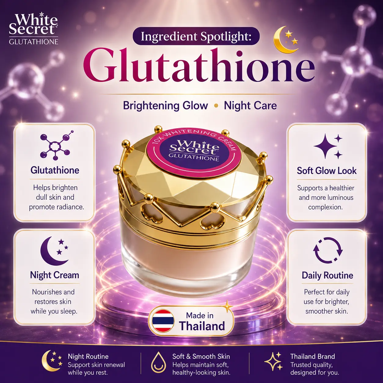 Glutathione ingredient spotlight with White Secret 10X Night Cream jar