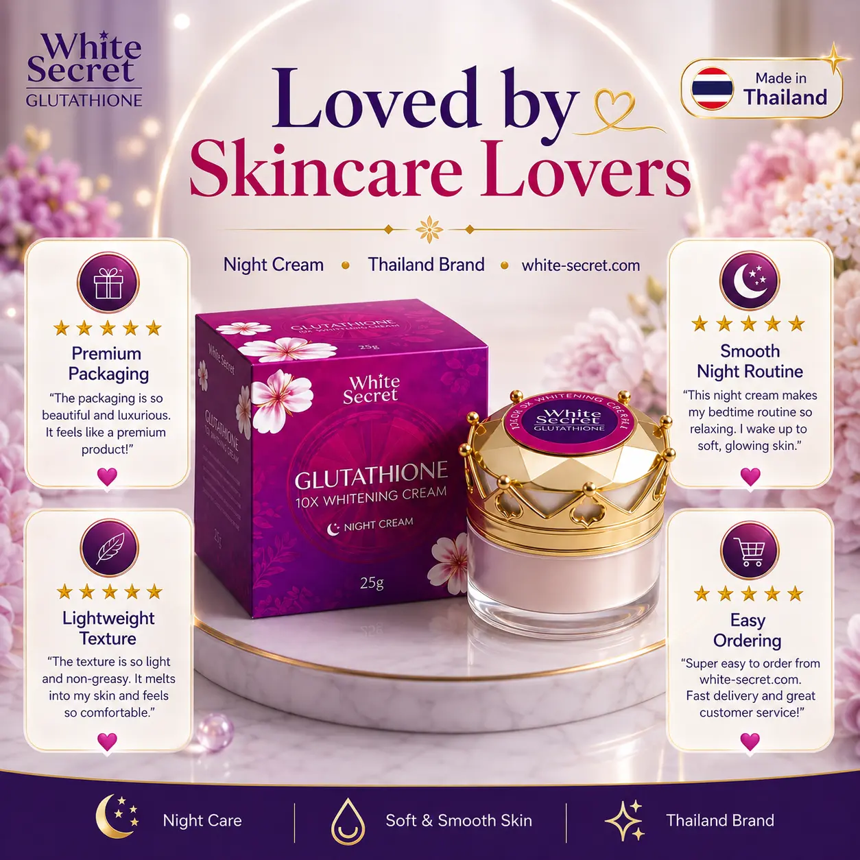 White Secret product presentation highlighting packaging, texture, routine and ordering experience