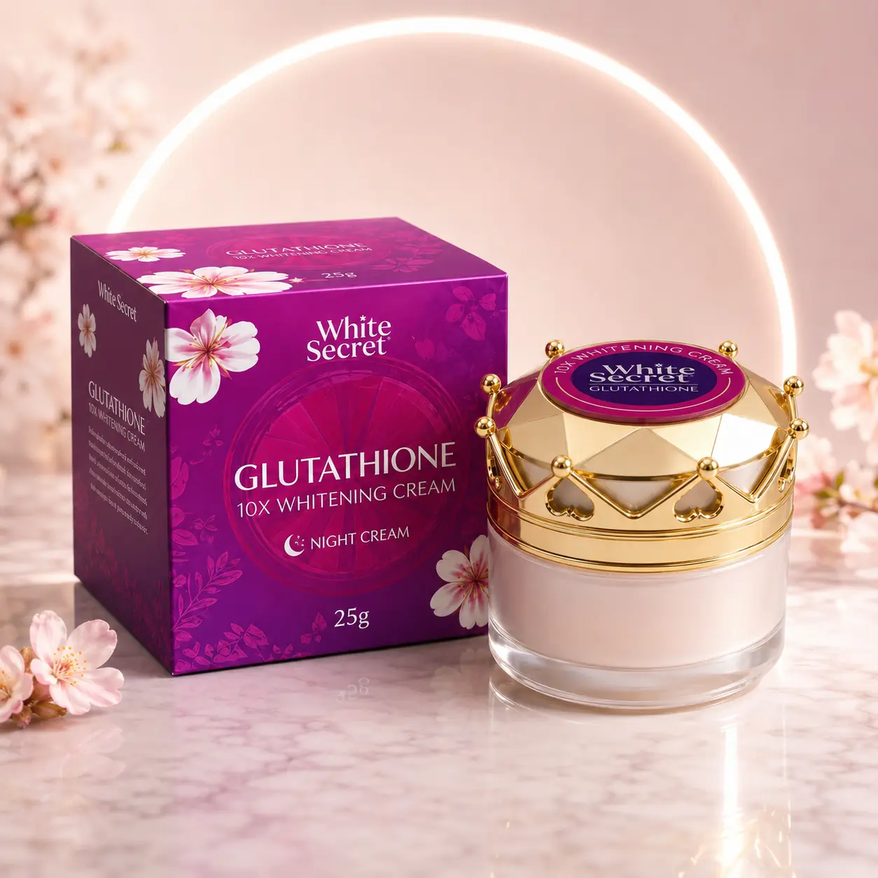 White Secret Glutathione 10X Night Cream 25g magenta box and gold crown-style jar on a pink floral background