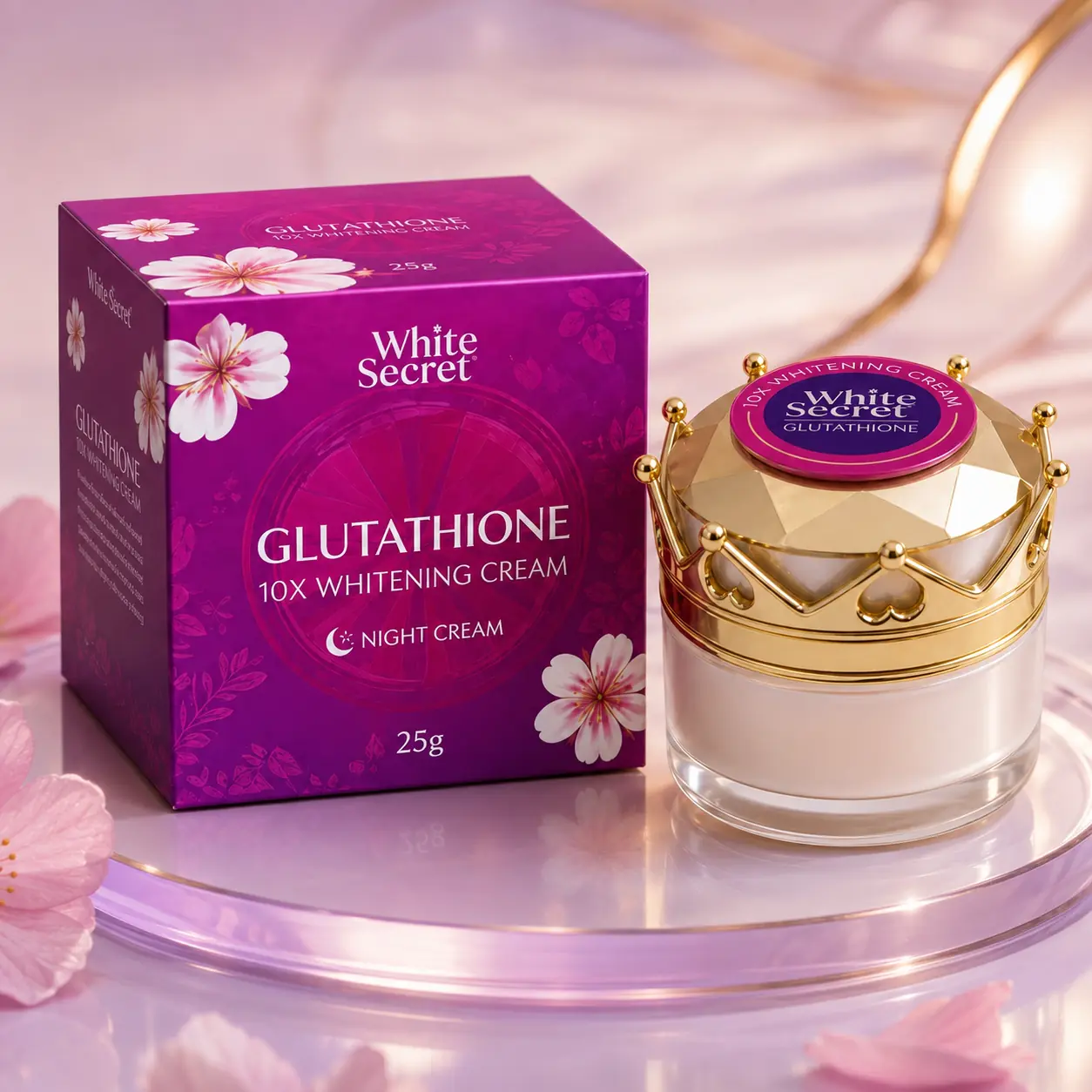 White Secret Glutathione 10X Night Cream 25g magenta box and gold crown-style jar
