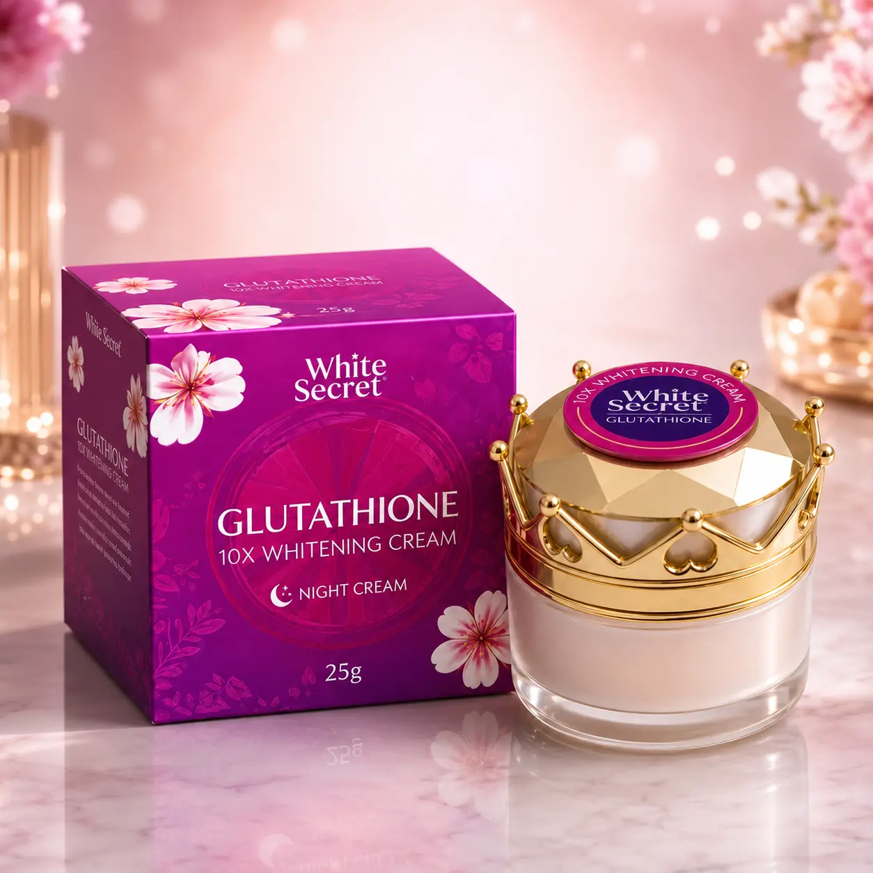 White Secret Glutathione 10X Night Cream 25g packaging displayed on a premium pink floral set