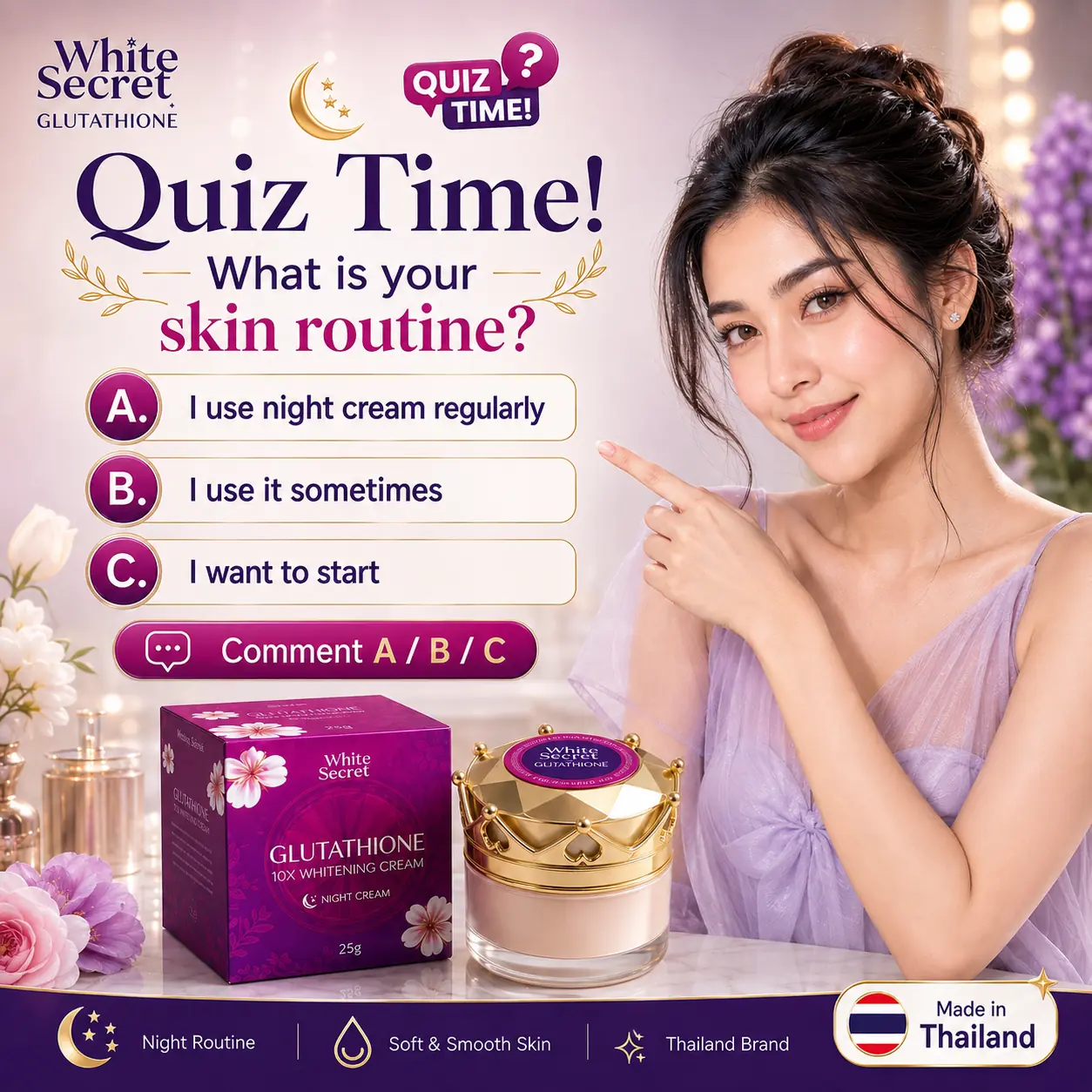 White Secret skincare routine quiz with regular, sometimes and ready-to-start choices